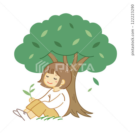 Illustration material of a woman sitting and relaxing under a tree_Color 122223290