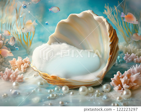Vibrant underwater scene featuring a large shell, pearls, and colorful fish in a coral setting Newborn backdrop 122223297