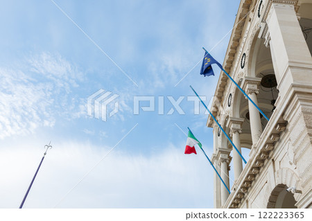 low angle view of EU and Italian flags on the building 122223365