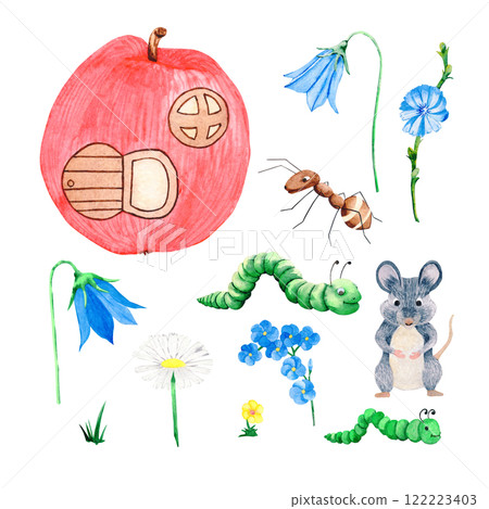 Set of character elements: house apple, flowers, mouse, ant, caterpillar and grass. Drawn in watercolor technique by hand Set of character elements: house apple, flowers, mouse, ant, caterpillar and grass. Drawn in watercolor technique by hand 122223403