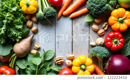 ingredients fresh vegetables and fruits on top view 122223410