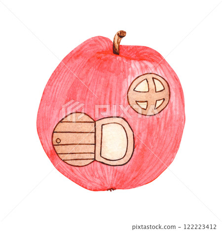 Watercolor apple shaped house. Botanical drawing of fruit on isolated background. For your design 122223412