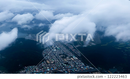 aerial view of city from airplane window 122223463