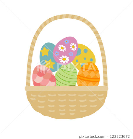 Easter materials: colorful Easter eggs in a basket 122223672