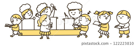 學校午餐時間兒童的簡單插圖，顏色 122223810