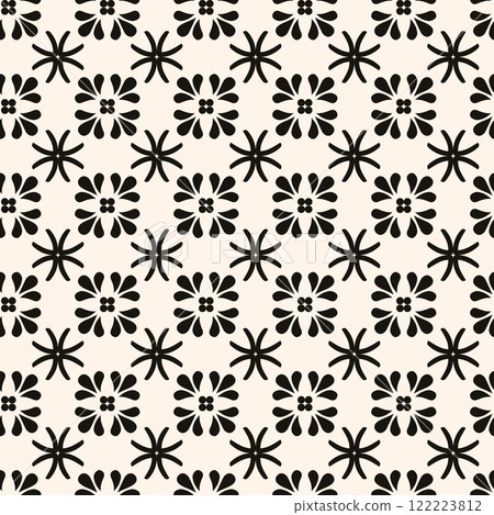 Simple minimalist geometric seamless pattern. Abstract monochrome minimal background with small floral shapes. Subtle repeat design for decor, print. 122223812