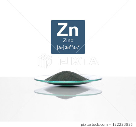 Close up chemical ingredient on white laboratory table. Zinc Powder in Chemical Watch Glass with Symbol, Name and ElectronConfiguration. Close up chemical ingredient on white laboratory table. Zinc Powder in Chemical Watch Glass with Symbol, Name and ElectronConfiguration. 122223855