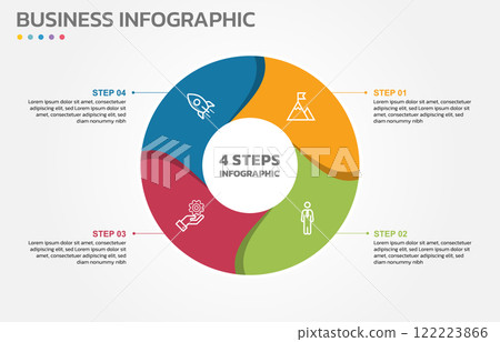 Visual data presentation. Cycle diagram with 4 options. Pie Chart Circle infographic template with 4 steps, options, parts, segments. Business concept. Marketing infographic vector illustration. 122223866