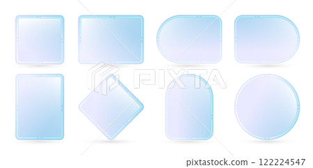 set of transparent glass frames label stickers with different shapes isolated white backgrounds for user interface web design, banner poster element, Layouts, collages, scene designs, minimalist style 122224547