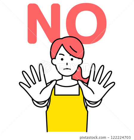 A woman in an apron holds her hands out in front of her and says NO A woman in an apron holds her hands out in front of her and says NO 122224703