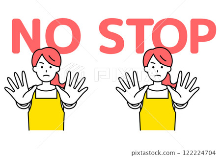 A set of a woman in an apron holding both hands in front of her (NO/STOP) A set of a woman in an apron holding both hands in front of her (NO/STOP) 122224704