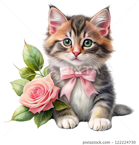 Cat in the world Rose Bow Clipart Watercolor  122224730
