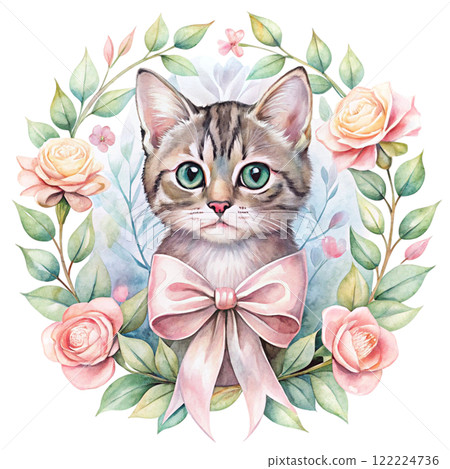 Cat in the world Rose Bow Clipart Watercolor  122224736