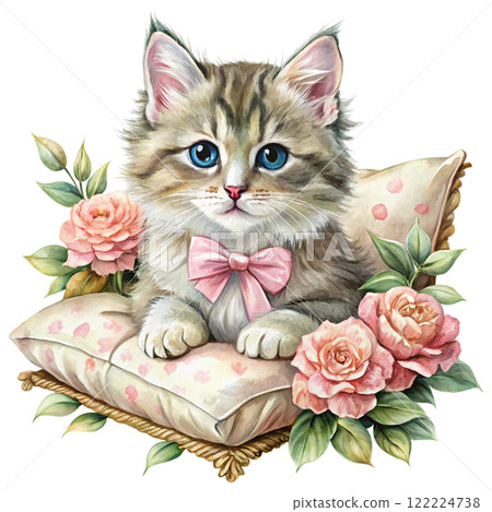 Cat in the world Rose Bow Clipart Watercolor  122224738