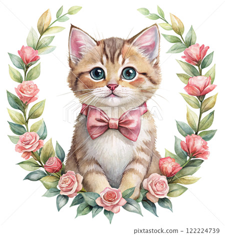 Cat in the world Rose Bow Clipart Watercolor  122224739