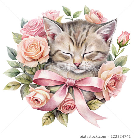 Cat in the world Rose Bow Clipart Watercolor  122224741