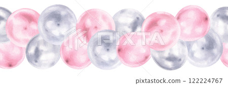 A watercolor seamless border of pastel balloons and ribbons in soft pink and silver tones, perfect for a baby’s first birthday or gender reveal invitation, with a soft, cheerful color palette 122224767