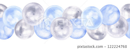 A seamless border of pastel balloons and ribbons in soft blue and silver tones, perfect for baby showers or gender reveal celebrations. The delicate watercolor design adds a charming, playful touch A seamless border of pastel balloons and ribbons in soft blue and silver tones, perfect for baby showers or gender reveal celebrations. The delicate watercolor design adds a charming, playful touch 122224768