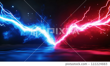 "Comparative red and blue lightning background" 122224883