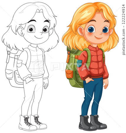 Adventurous Girl with Backpack Illustration Adventurous Girl with Backpack Illustration 122224914