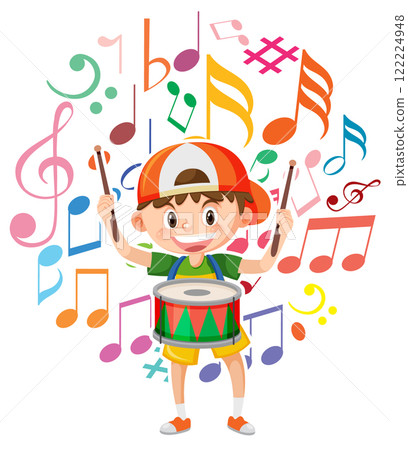 Joyful Drummer with Colorful Music Notes 122224948