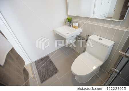 Esthetic toilet with white basin in luxury bathroom Esthetic toilet with white basin in luxury bathroom 122225025