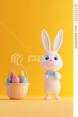 Cartoon rabbit stands in front of a basket of Easter eggs 122225116