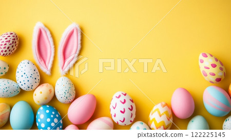 Yellow background with a bunch of colorful Easter eggs Yellow background with a bunch of colorful Easter eggs 122225145