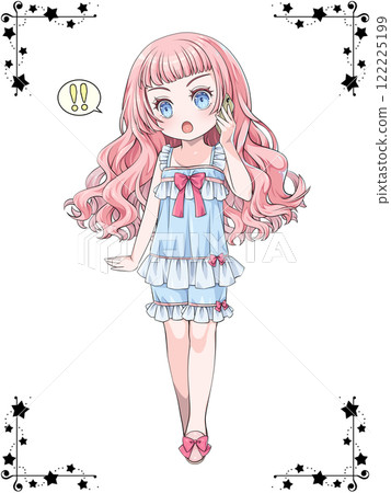 Pink-haired girl in pajamas making a phone call on her smartphone / with star corner decoration 122225199
