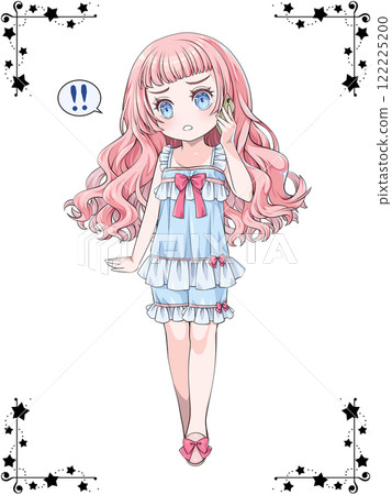 Pink-haired girl in pajamas making a phone call on her smartphone / with star corner decoration 122225200