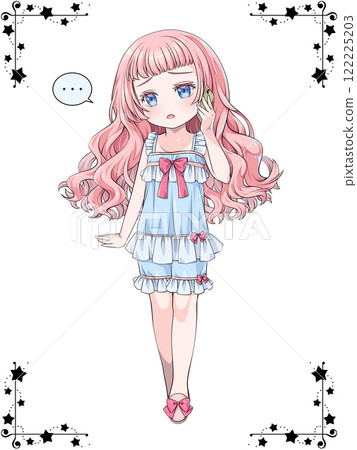 Pink-haired girl in pajamas making a phone call on her smartphone / with star corner decoration 122225203
