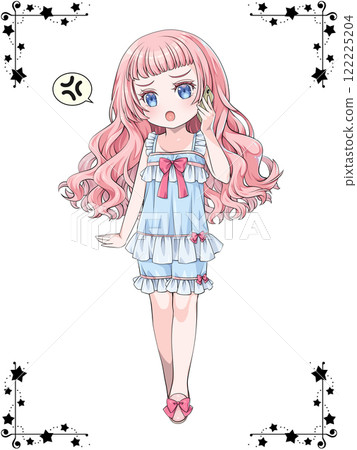 Pink-haired girl in pajamas making a phone call on her smartphone / with star corner decoration 122225204