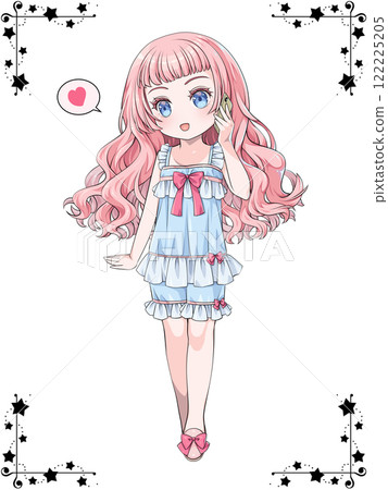 Pink-haired girl in pajamas making a phone call on her smartphone / with star corner decoration Pink-haired girl in pajamas making a phone call on her smartphone / with star corner decoration 122225205