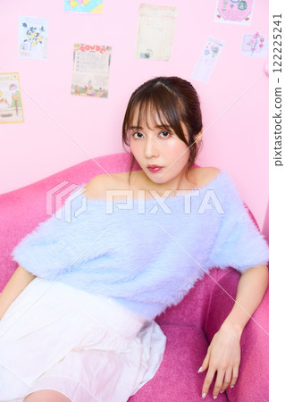 Fashion portrait of young woman in fairy tale room Fashion portrait of young woman in fairy tale room 122225241