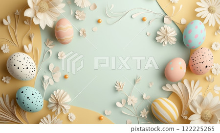 Colorful Easter egg arrangement with flowers and a yellow background 122225265