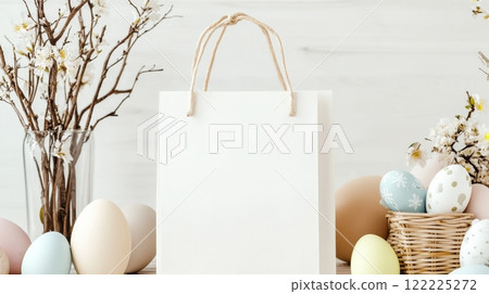 White bag is on a table with a bunch of eggs and a vase of flowers 122225272