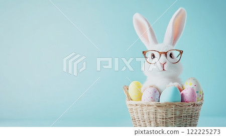 Rabbit wearing glasses sits in a basket full of Easter eggs Rabbit wearing glasses sits in a basket full of Easter eggs 122225273
