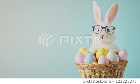 Rabbit wearing glasses is sitting in a basket full of Easter eggs Rabbit wearing glasses is sitting in a basket full of Easter eggs 122225275