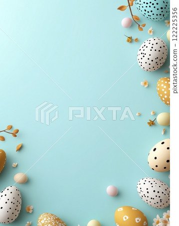 Blue background with a bunch of eggs and flowers-插圖素材 [122225356] - PIXTA圖庫