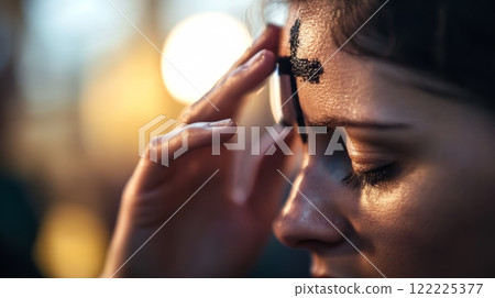 Woman with a cross on her forehead 122225377