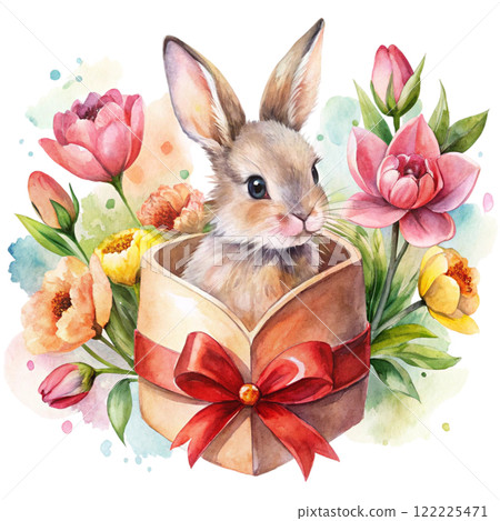 Cute rabbit  Flower Valentine Clipart Watercolor  122225471
