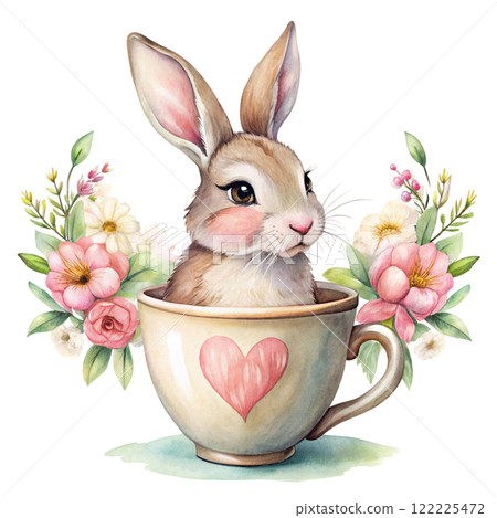 Cute rabbit  Flower Valentine Clipart Watercolor  122225472