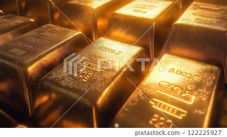 A close-up of numerous gold bars stacked together, The polished surface of the bars reflects light, symbolizing wealth and prosperity, Created with Generative AI. 122225927