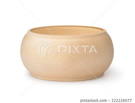 Open empty round wooden container 122226077