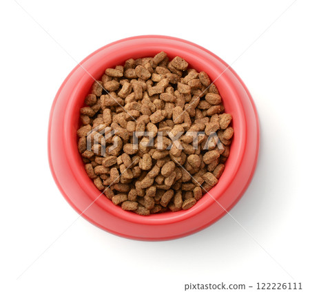 Dry pet food in red plastic bowl 122226111