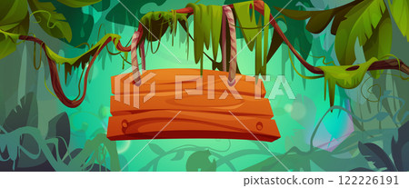 Wooden signboard hanging on ropes in jungle Wooden signboard hanging on ropes in jungle 122226191