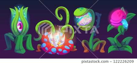 Glowing magical plant monsters in dark environment Glowing magical plant monsters in dark environment 122226209