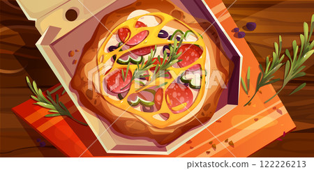 Cartoon pizza in open delivery box Cartoon pizza in open delivery box 122226213