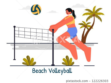 Vector Illustration of a Player Playing Beach Volleyball on Sandy Terrain during Summer and Throwing the Ball Over the Net for Sports Activities 122226303