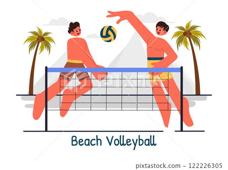 Vector Illustration of a Player Playing Beach Volleyball on Sandy Terrain during Summer and Throwing the Ball Over the Net for Sports Activities Vector Illustration of a Player Playing Beach Volleyball on Sandy Terrain during Summer and Throwing the Ball Over the Net for Sports Activities 122226305